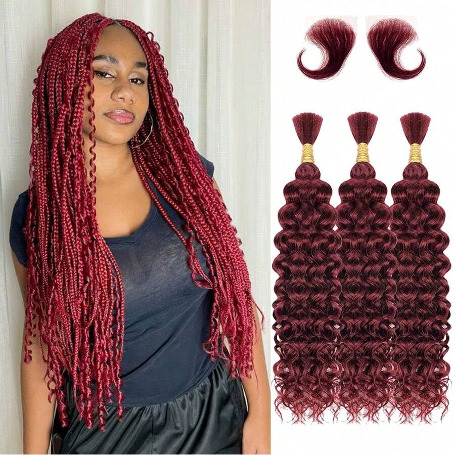 99j Burgundy Bulk Human Hair For Braiding Deep Wave Human Hair Bundles For Women No Weft Bundles Hair Extensions 16A Human Hair Natural Hairline Water Wave Bundles Unprocessed Wigs With Baby Hair - Burgundy - View 1