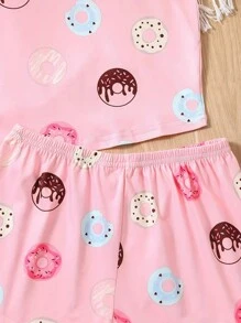 Young Girls Sweet Casual 2 Pieces Set, Donut Print Camisole Top And Donut Print Shorts