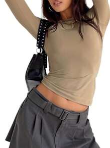 Womenacute;S Spring Autumn Slim Tops Solid Color Long Sleeve Round Neck Streetwear Blouse