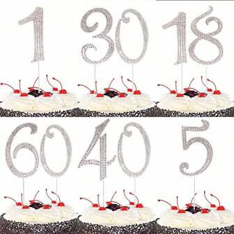 1pc Birthday Cake Decor, Silver Rhinestone Sparkling Cake Topper Decoration With Numbers 0 1 3 4 5 6 7 8 9, Suitable For Birthday Party, Wedding Anniversary, Valentine's Day Dessert Decor, Fit For Small Cakes (Size: 5.9*0.78*0.19 Inches)