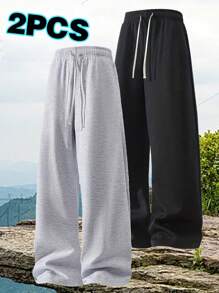 2pcs Men's Loose Casual Solid Color Drawstring Waist Pants, Spring/Summer, Comfortable For Outdoor Sports, Jogging, Fitness, Running, Basketball