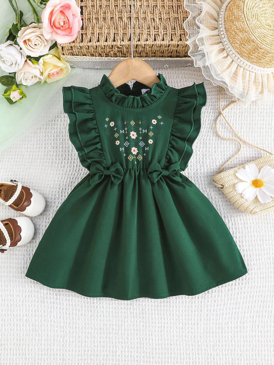 Baby Girls' Casual Cute Graphic Print Ruffle Trim Bowknot Waist Summer Dress, Daily Wear - Dark Green - View 1