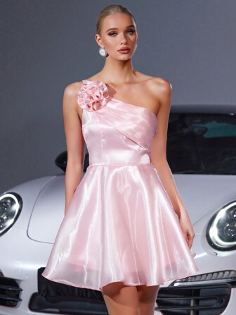 不对称领口花卉 3D 露背荷叶边派对鸡尾酒礼服、浪漫泡泡袖礼服、婚礼宾客礼服