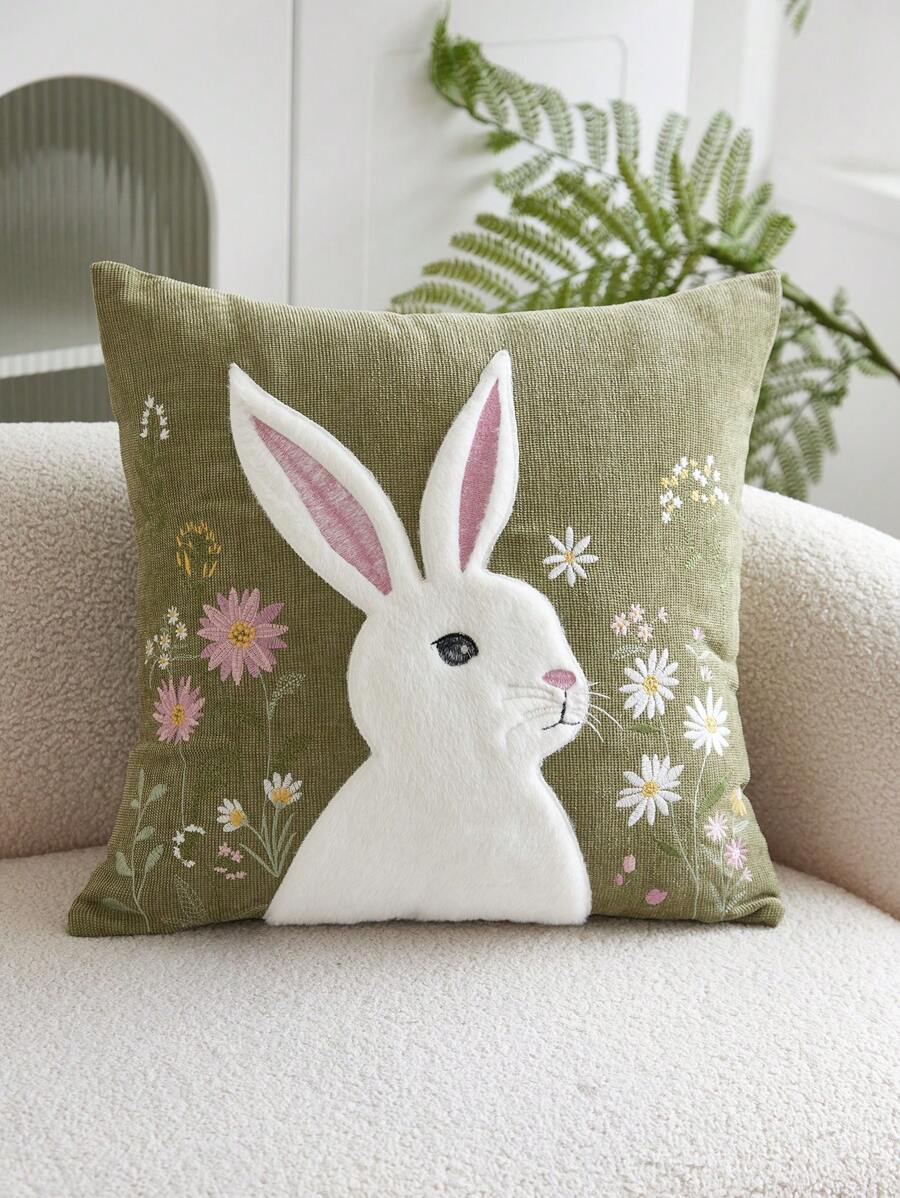 1 pieza Funda de cojín decorativa con bordado floral de conejo, adecuada para decoración interior, funda de cojín de tiro para todas las estaciones sin relleno