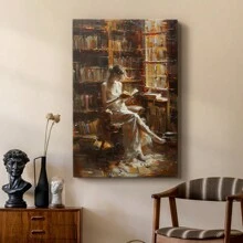 Tranquil Lady In A Library Canvas Art - Elegant Indoor Wall Decoration Female Theme, Library Scene, Reading Art, Home Decor, Living Room And Bedroom Wall Art