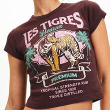 Women Crop Basic T-Shirts Summer Tiger Print Short Sleeve Tops Casual Pullovers For Streetwear Aesthetic Grunge Clothes - 棕色 - 查看 4