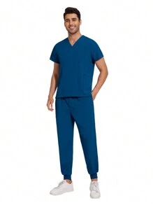 Conjunto de pijama médico para hombres con parte superior de manga corta multicolor + pantalón tipo jogger, uniforme de enfermería, veterinaria y trabajo