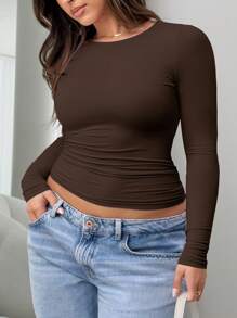 Plus Women's Plain Round Neck Long Sleeve Ruched Fitted T-Shirt, Suitable For Summer And Autumn/Winter Seasons - Coffee Brown - View 3