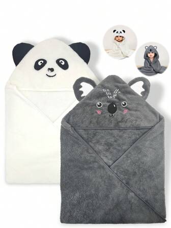 2pcs/Set Baby Animal Print Blanket, Baby Hooded Bath Towel, Polyester Bathrobe - Highly Absorbent & Quick Drying Baby Bathroom Accessories Love Valentine