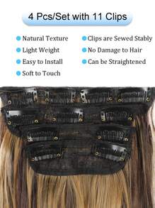 4 piezas de extensiones de cabello con clip, color marrón mezclado con dorado piano, longitud 22~32 pulgadas, ondulado rizado natural, pelucas de fibra sintética, adecuadas para mujeres, Halloween - Color Piano - Ver 4