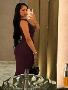 女士优雅高弹针织无袖圆领修身长款连衣裙 夏季 - 酒紅色 - 查看 2