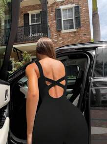 Sexy Backless Criss-Cross Strap Design Bodycon Jumpsuit, Fashion Versatile Spring/Summer New - Black - View 2