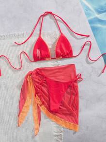 Nieuwe zachte effen kleur kant splicing spaghetti band halter rugloze elegante party bikini set met wikkelrok, vrouwen zomer strand mode bikini