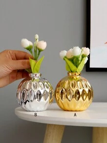 1 pieza Jarrón cerámico redondo, estilo de lujo con baño de oro/plata, adecuado para flores, festivales, escritorio, oficina, estantería, pasillo, decoración del hogar para el Día de San Valentín, decoración del hogar, útiles escolares, jarrón de flores, jarrón de vidrio