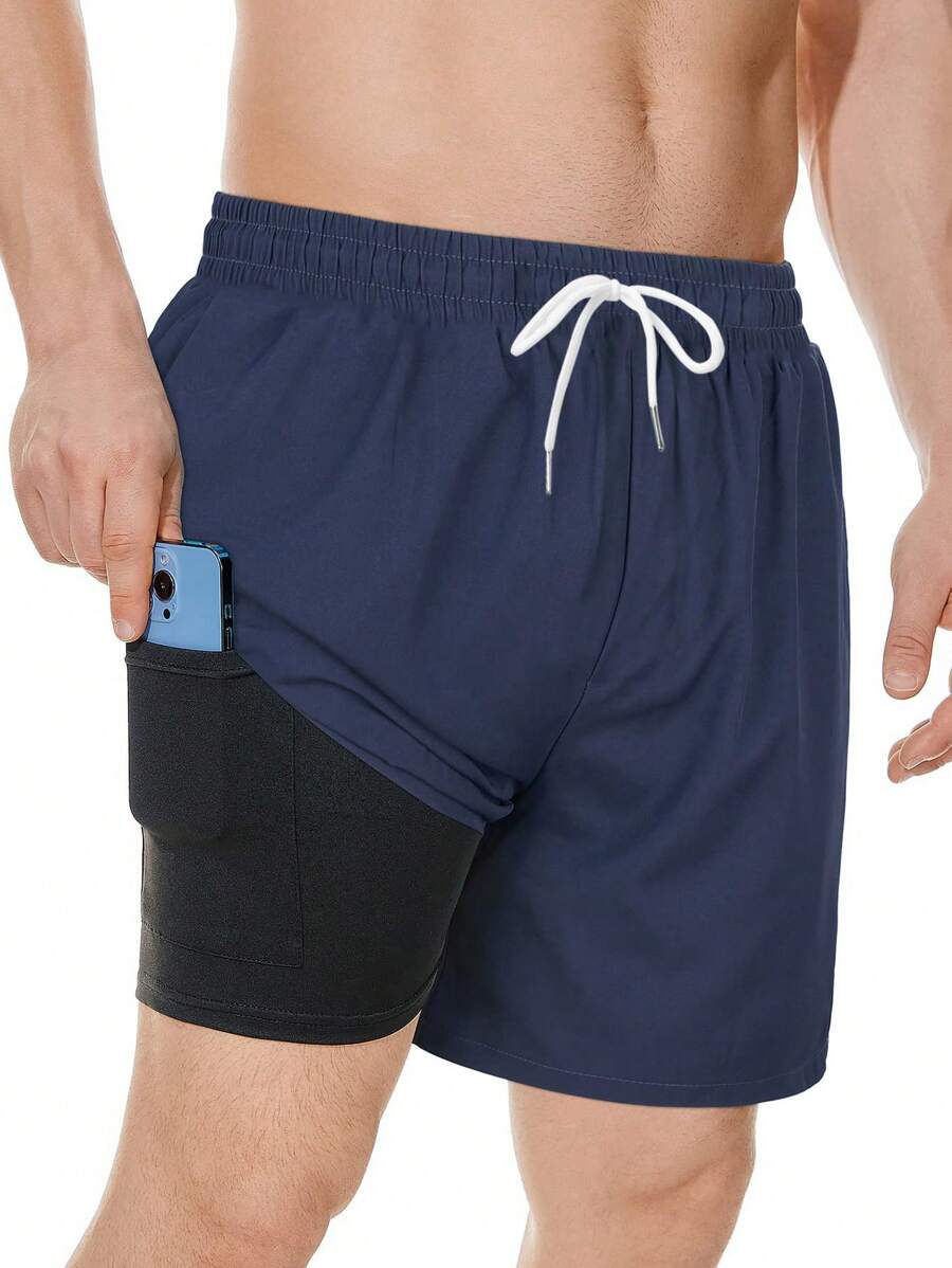 Men's Fashion Sports Solid Color 3D Print Drawstring Shorts, Summer Loose Beach Shorts With Compression Liner & Pockets, Plus Size