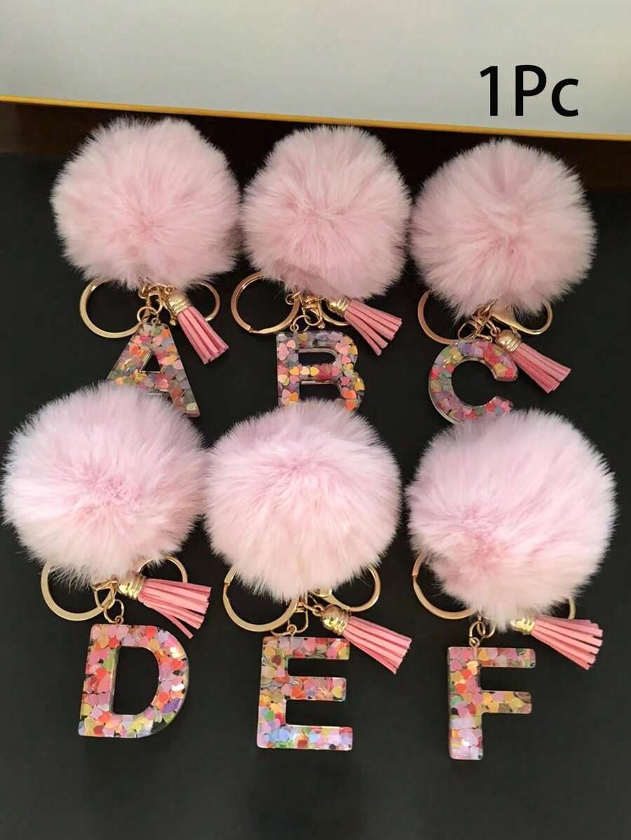 1 Pc,Alphabet Initial Letter Keychain Cute Plush Pom Pom Key Chain Ring Bag Backpack Charm Car Hanging Pendant Women Girls Gift,Cute Sequins Resin Key Chain,Wallet And Handbag Accessories, Keychain With Tassels,Alphabet Initial Letter A-Y - Pink - View 1