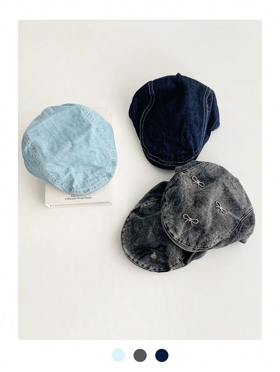 1 chiếc mũ bóng chày denim đã giặt có trang trí nơ, mũ họa sĩ phong cách Anh cổ điển, mũ lưỡi trai Unisex thường ngày mới, trang phục thời trang đường phố - Nhiều màu - Xem 1