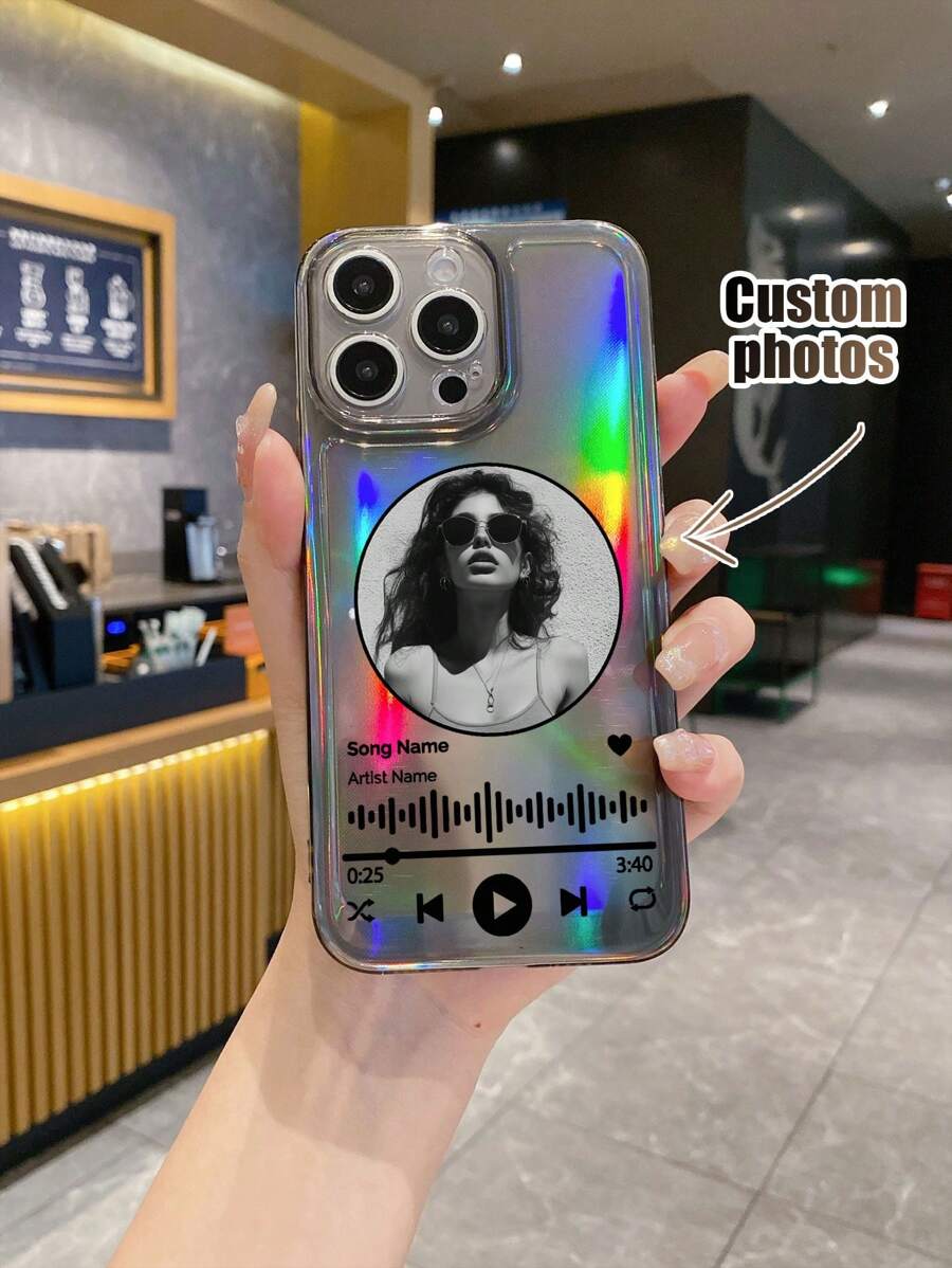 1pc Customizable Transparent TPU Music Player Pattern Shockproof Phone Case & 1 Piece Laser Reflective Card Paper, Compatible With IPhone/Matching Phone Case/Phone Case With Holder/Wristband Phone Case/Funny Phone Case/Android Phone Case/ Phone Case/ Phone Case/OPPO Phone Case/Galaxy A51 4G - Multicolor - View 1