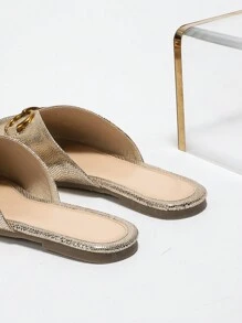 Hot-Selling Solid Color Metal Buckle Peep-Toe Slippers For Women To Wear Outside In Summer Flat Bottom Soft Sole French Style Simple Internet Celebrity Style - Gold - View 5