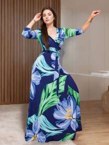 Dresses For Women,Wedding Guest Dresses For Women,Women's V-Neck Three-Quarter Sleeve Tie Pocket Print Dress - 藏蓝色 - 查看 2