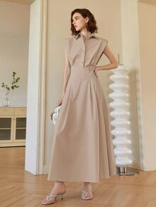 Vestido midi elegante de unicolor sin mangas para mujer, vestido con cuello estilo "Old Money", vestido elegante de primavera/verano, atuendos de verano para mujer, graduación, baile de graduación, casual de negocios - Caqui - Ver 3