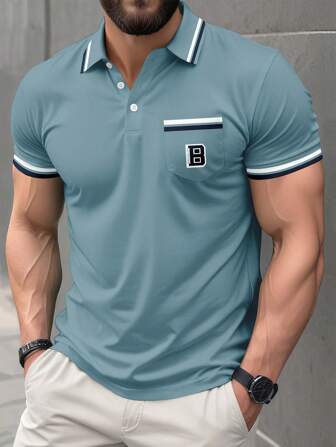 男士舒适日常商务 Polo 衫，带口袋，短袖