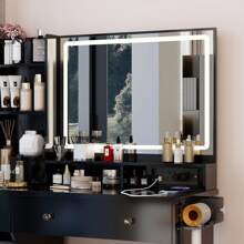 MoolSun Makeup Vanity Desk With Mirror,Hair Dryer Holder &Charging Station &Small Bench,Vanity Desk With 5 Drawers &Storage Shelves,Vanity Table, 3Color Modes & Adjustable Brightness Dressing Table Small Dressing Table For Bedroom With Light Bulbs Color & Brightness Adjustable,Festival Gift For Girls Women,Small Vanity Set,A Small And Exquisite Dressing Table.