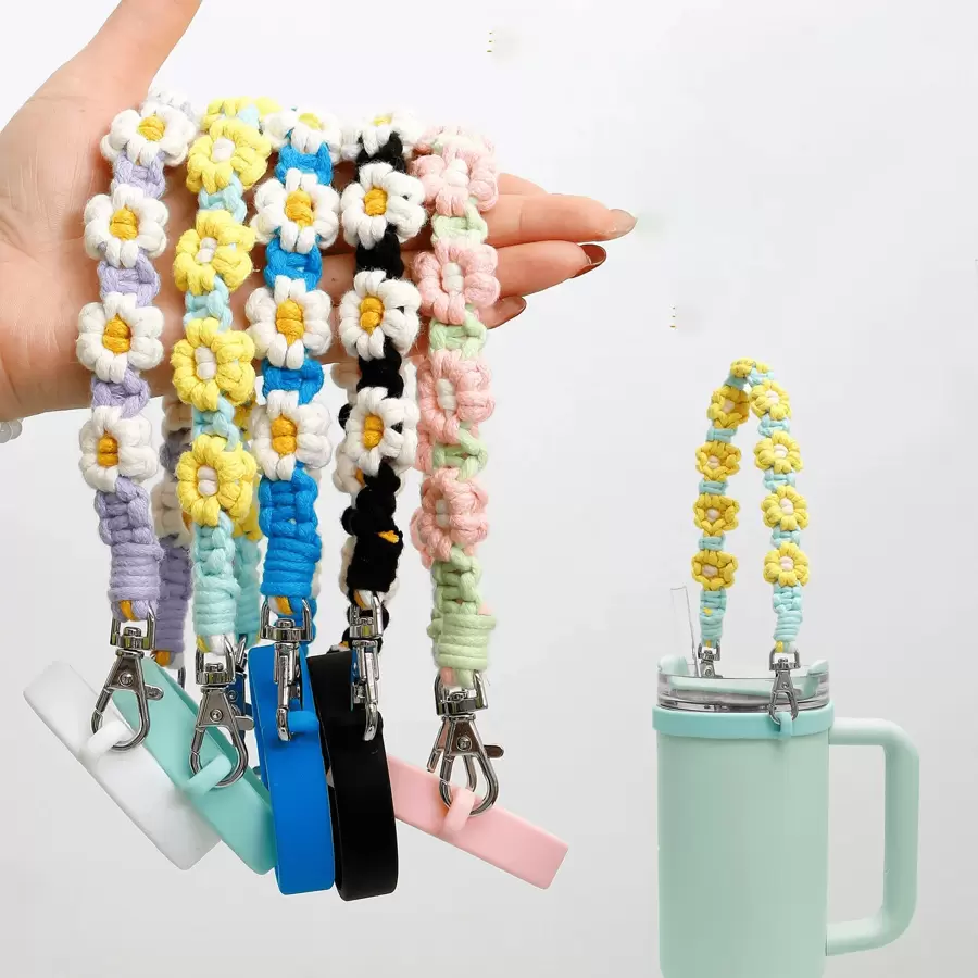 1pc Daisy Water Bottle Holder Handle, Handmade Silicone Cup Sleeve With Adjustable Strap, Reusable Coffee Cup Jacket
