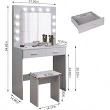 Dressing Table Set With LED Lights Mirror, Vanity Makeup Table 2 Large Drawers And Stool (Grey) - Grey - View 3