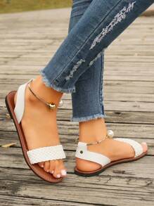 Sandalias planas decorativas tejidas para mujer, sandalias de playa con cuentas