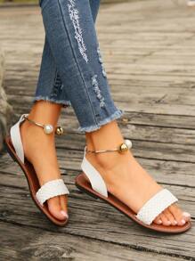 Sandalias planas decorativas tejidas para mujer, sandalias de playa con cuentas