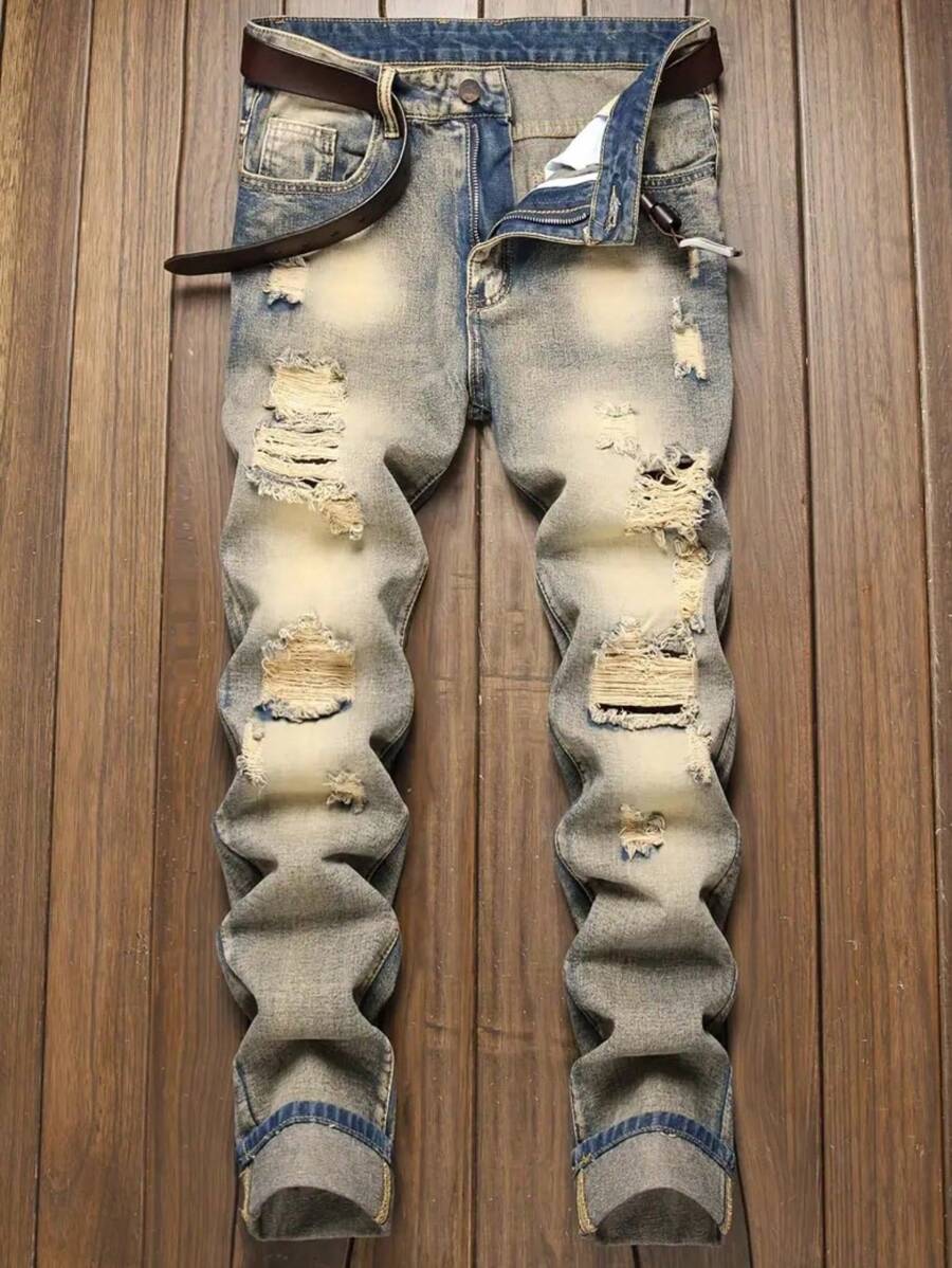 男童休闲松紧腰破洞牛仔裤，四季皆宜 - 銅色 - 查看 1