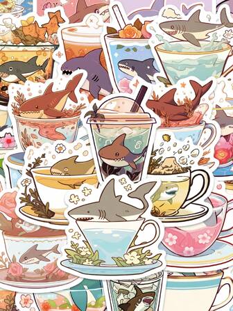50pcs Glass Cup Shark Stickers, Decorative For Refrigerator, Window, Phone Case, Diary, Luggage, Scrapbooking, Birthday, Holiday, Guitar, Skateboard