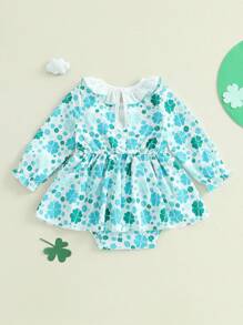 Baby Girl Spring Romper Dress Long Sleeve Ruffled Letter Embroidery Bow Print Jumpsuit - Cadet Blue - View 4