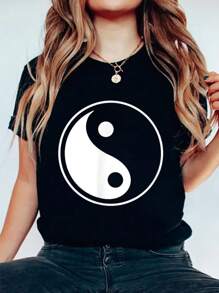 Yin Yang T-Shirt Taoism Symbol Yin Tai Chi Feng Shui Bagua T-Shirt  Cotton Graphic Tee For Women, Round Neck Short Sleeve Casual Tops - màu đen - Xem 1