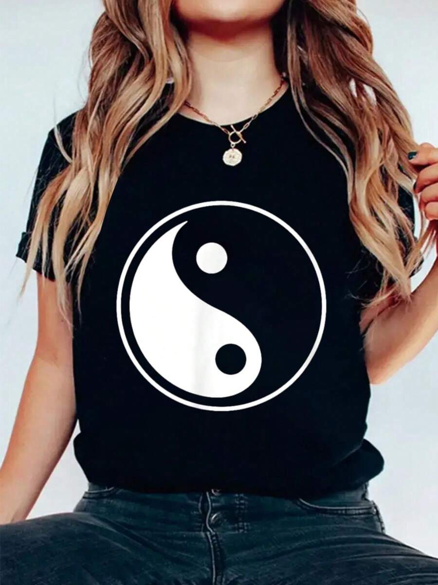Yin Yang T-Shirt Taoism Symbol Yin Tai Chi Feng Shui Bagua T-Shirt Cotton Graphic Tee For Women, Round Neck Short Sleeve Casual Tops - màu đen - Xem 1