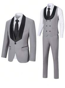 Furuyal Men's Suits Gentleman Solid Slim Fit Business 3 PiecesSuit For Men Blazer Double Breasted Vest Pants Set Party Wedding Prom Light Gray Size XS-3XL