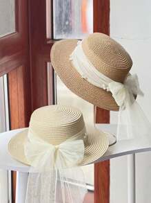 1pc Girls' Cute Princess Style Straw Flat Top Hat, Sun Protection Beach Cap, Suitable For Daily Wear, Summer - View 2