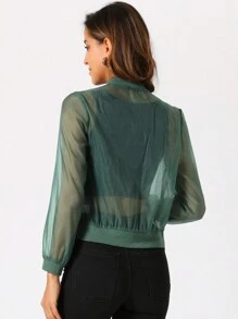 Women's Mesh Sheer Jacket See Through Long Sleeve Zip Up Bomber Jacket - Green - View 3