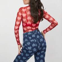 Women's Heart Print Mesh Sheer Tops Long Sleeve Round Neck Heart Print Party T-Shirt - Red - View 5