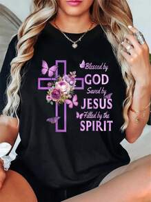 100% Cotton Casual Tshirt By God Saved By Jesus Purple Floral Cross Christian T-Shirt - màu đen - Xem 1
