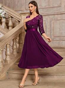 MIUSOL Elegant V-Neck Sequin Floral Lace Ruched Chiffon 3/4 Sleeve Evening Party Long Dress