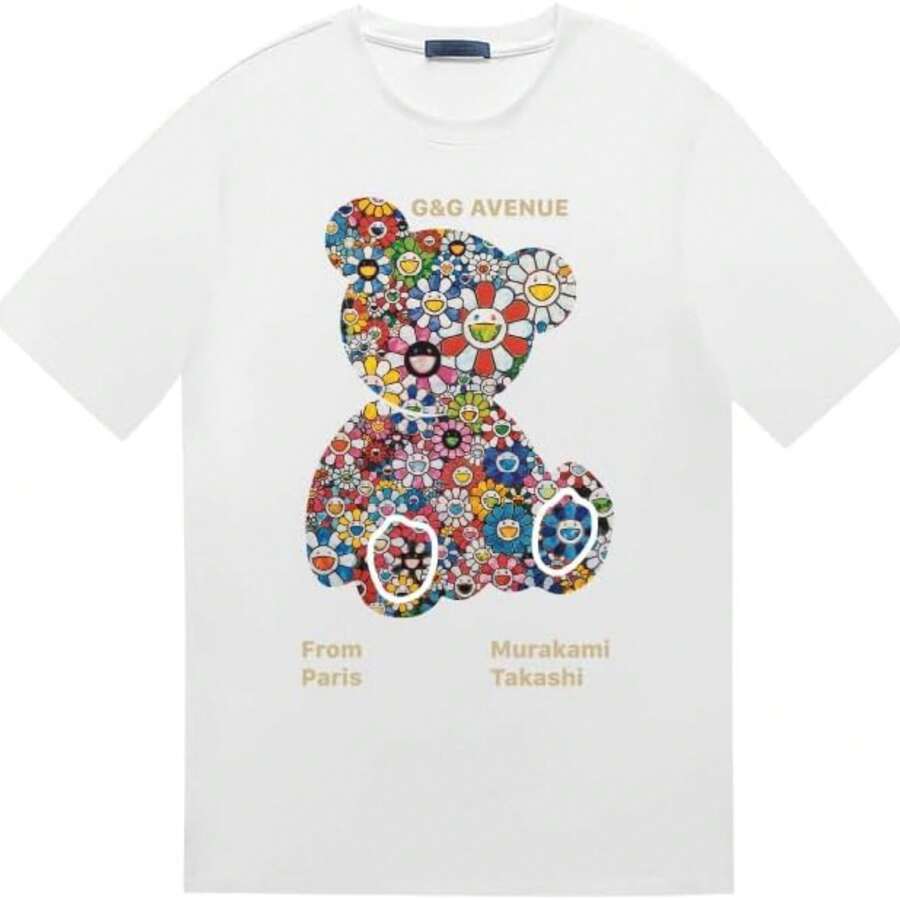 G&G AVENUE Mens T-Shirts Graphic Tees Men Bear Print Crew Neck Cotton Shirts Lightweight Casual Shirt Unisex Summer Shirts - 白色 - 查看 1