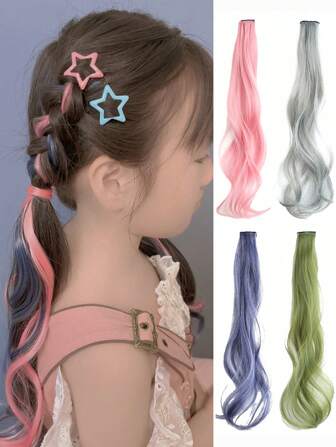 20inch Kids' Colored Curly Hair Extensions, One-Piece Seamless Invisible Clip-In Hair Extension For Adorable And Sweet Look