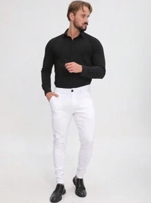 ALLELMS 男士修身抗皱弹力棉斜纹西裤 - 白色 - 查看 5