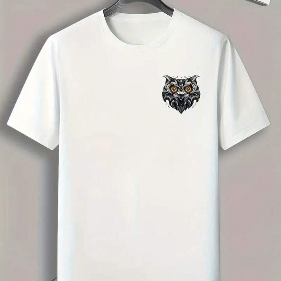 Cartoon Owl Print, Men's Tren-Dy Comfy T-Shirt, Active Slightly Stretch Breathable Tee For Outdoor Summer For Halloween - White - View 1