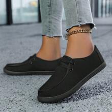 Women Canvas Flat Shoes - Casual Lace-Up Low-Top Fashion Sneakers, Lightweight, Suitable For All Seasons, Round Toe, TPR Rubber Sole - Black - View 3