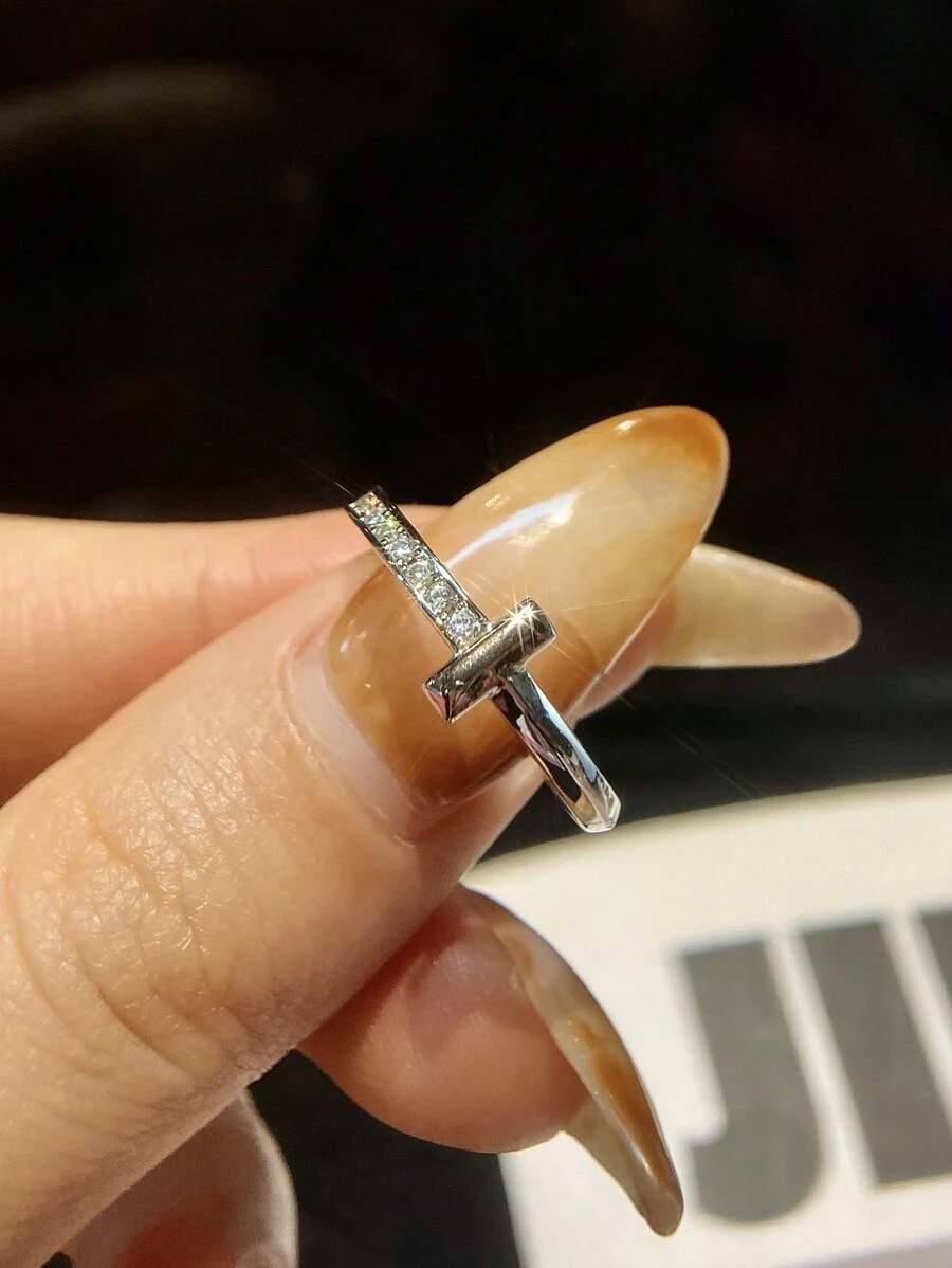 1pc T-Shape Moissanite Diamond Ring, 925 Sterling Silver Women's Wedding Band, Luxury Jewelry Gift For Valentine's Day, Anniversary - Silver - View 1