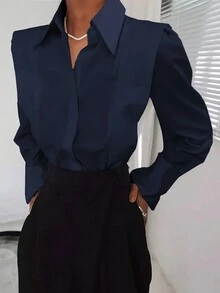 ELVA Women's French Loose Casual Solid Color Long Sleeve Shirt, Business Interview Commute Relaxed Simple Elegant Mature Style, Suitable For Winter, Spring, Summer, Autumn Seasons, Valentine's Day, New Year - Navy Blue - View 5