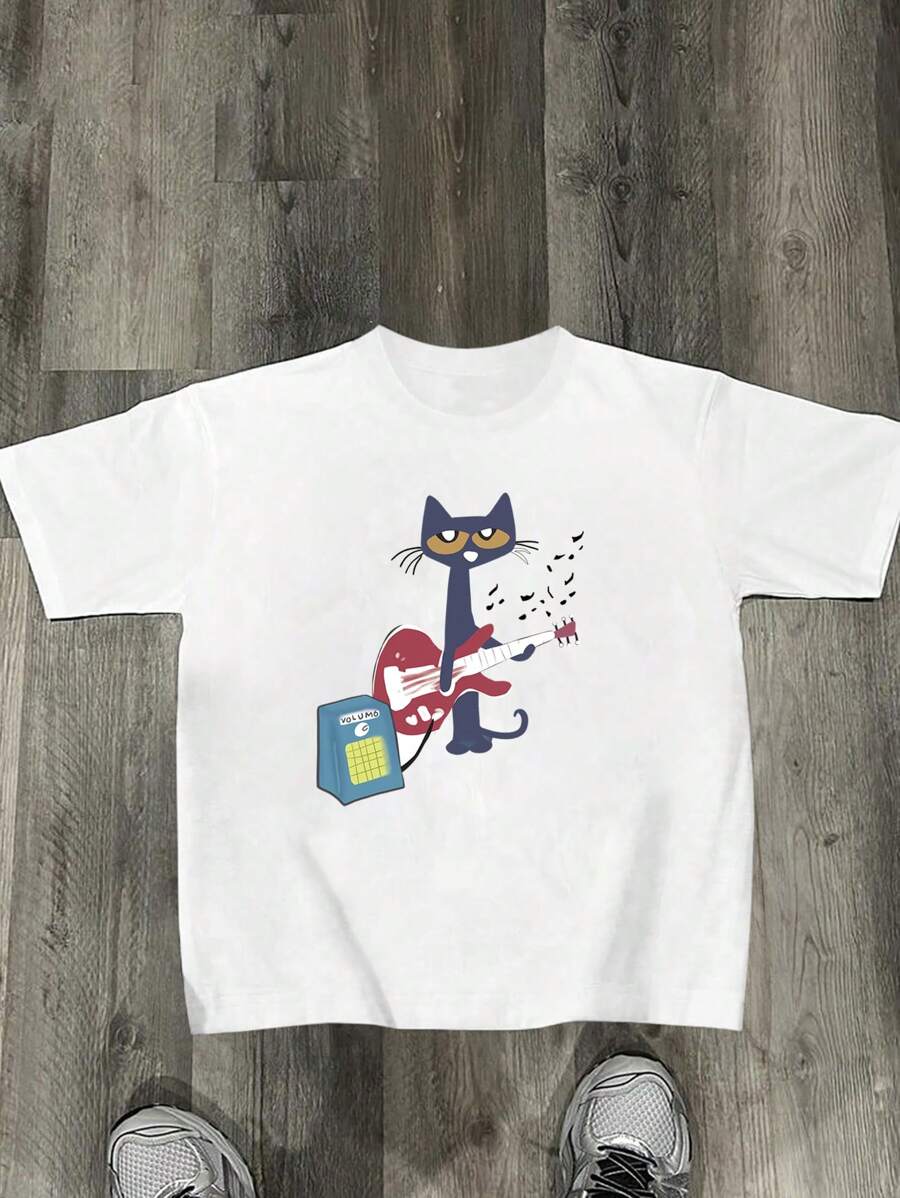 Cotton T-Shirt Boys & Teenagers Students Casual Print Round Neck Short Sleeve T-Shirt, Summer Top - 白色 - 查看 1